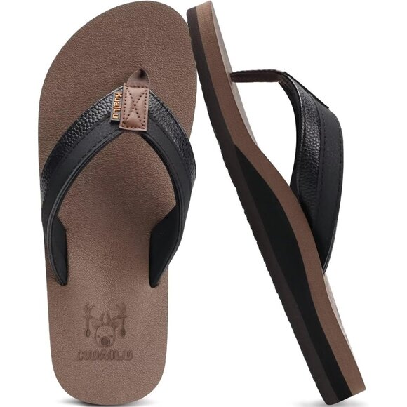 👑Men's Flip Flop Sandal Black Brown Leather Slip On Arch Support Comfort Shoes